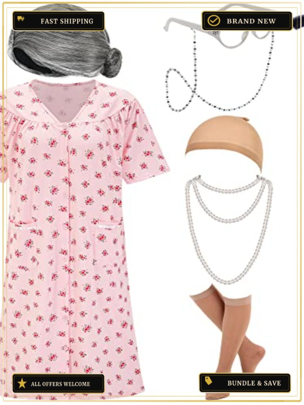 Women's Old Lady Costume Set Dress Wig Glasses Cane Necklace Halloween
